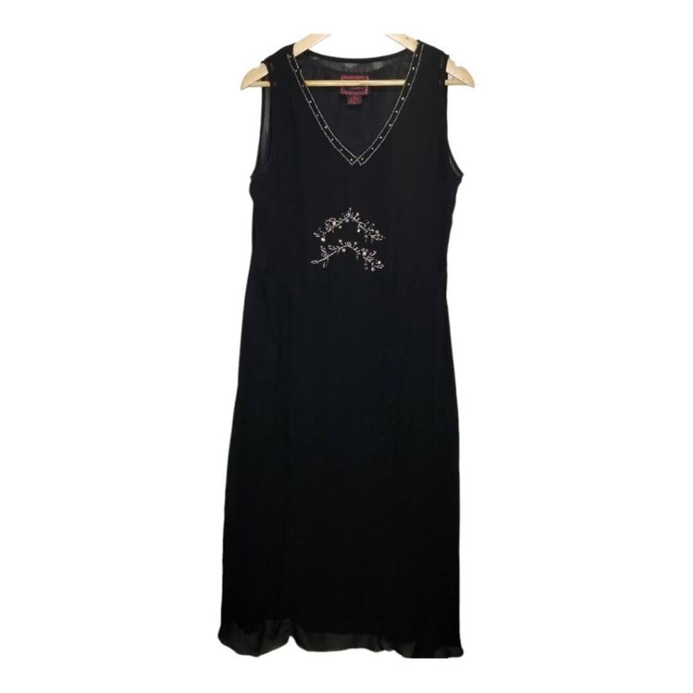 Vintage April Cornell Dress Medium Sleeveless Black Maxi Black Rayon Beaded